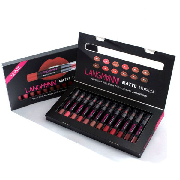 langmanni 12pcs Sexy Matte Lipstick Waterproof Kits Lips Makeup Nutritious Velvet Lip Stick Tint Nude Makeup Cosmetic